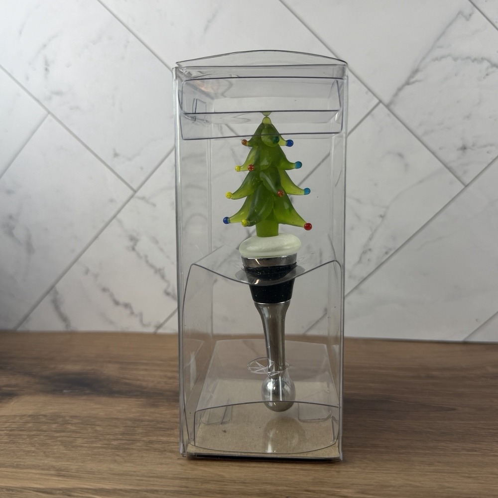 Pier 1 Imports Christmas Tree Bottle Stopper Green Glass Metal Stem w/ Gift Box - Picture 4 of 8
